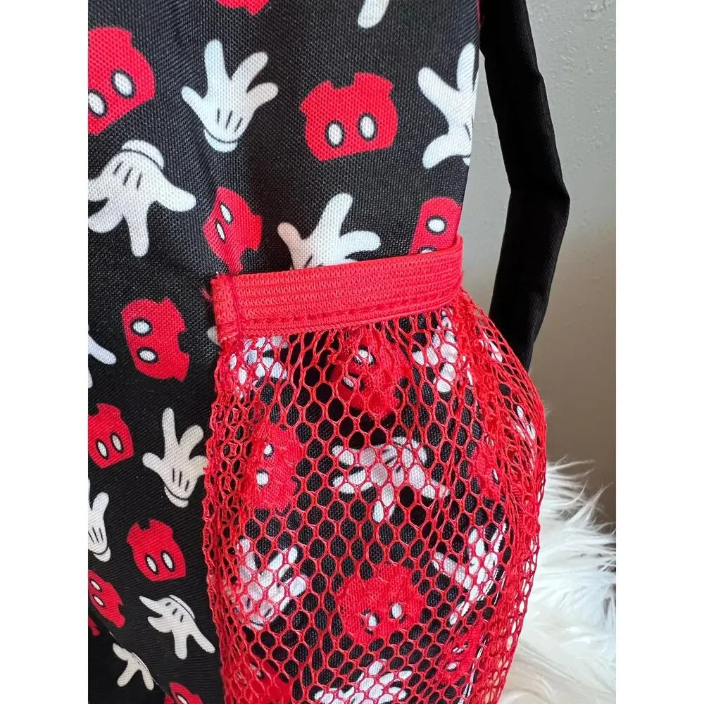 Mickey Mouse Disney Beach Mesh Bag Backpack Black Red Drawstring Ears Zipper